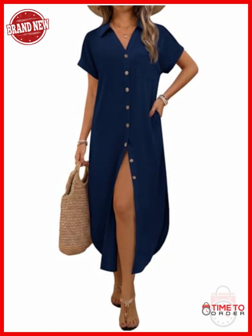 Summer Maxi Dress with Pockets Short Sleeve Button Down Beach Cover Up